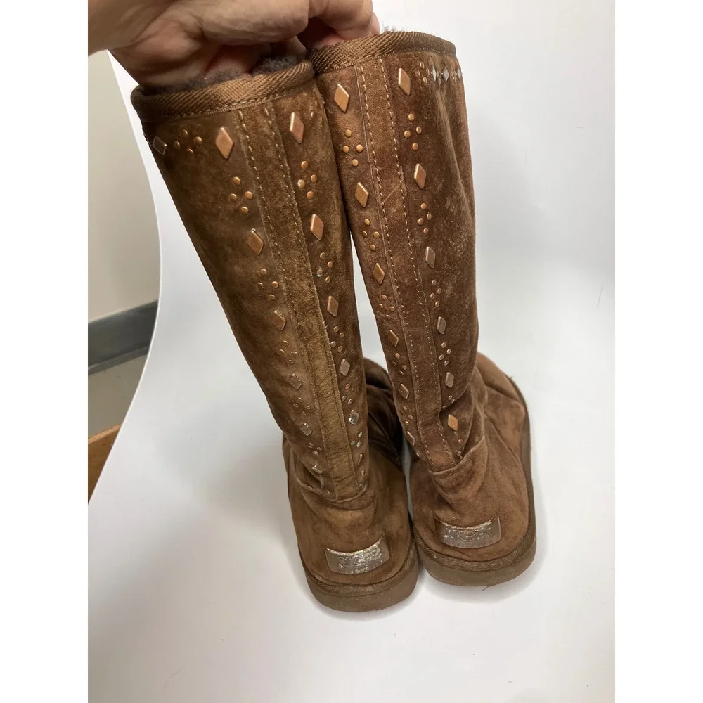 UGG Tall Suede Boots Womens 8 Brown Good Studded Metallic Zip Up 5544 winter